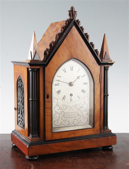 An early Victorian ebony and satinwood mantel timepiece, 13.5in.